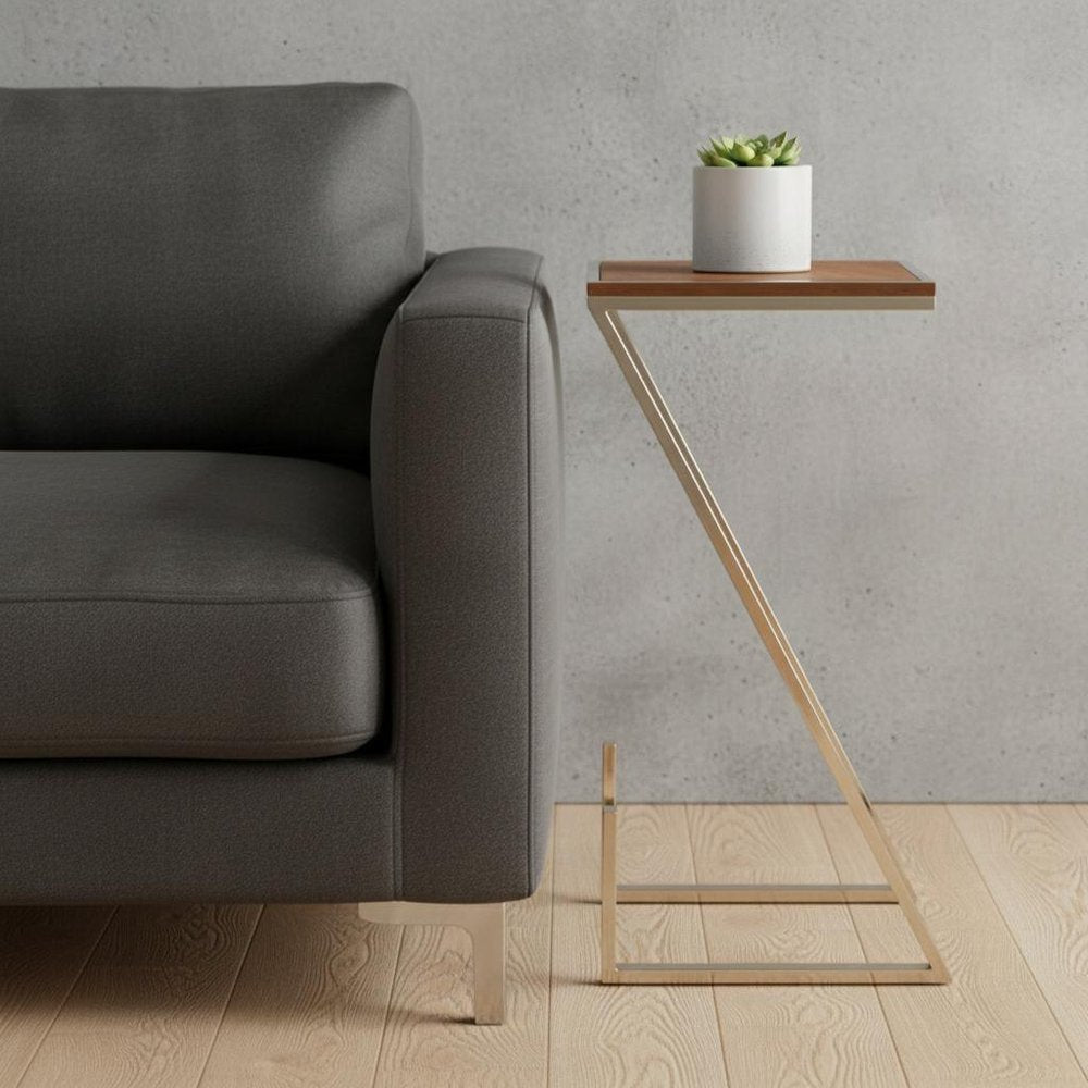 Stylish Asymmetrical Wood and Metal Z shaped Side Table  Warm Home View