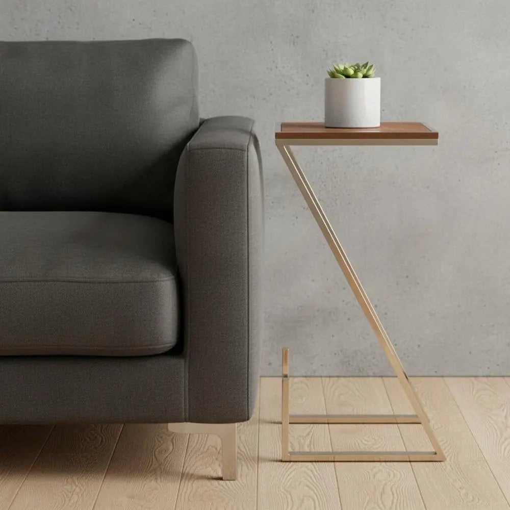 Z Shaped Wood Side Table - Brown/Gold - 1 Piece  Warm Home View