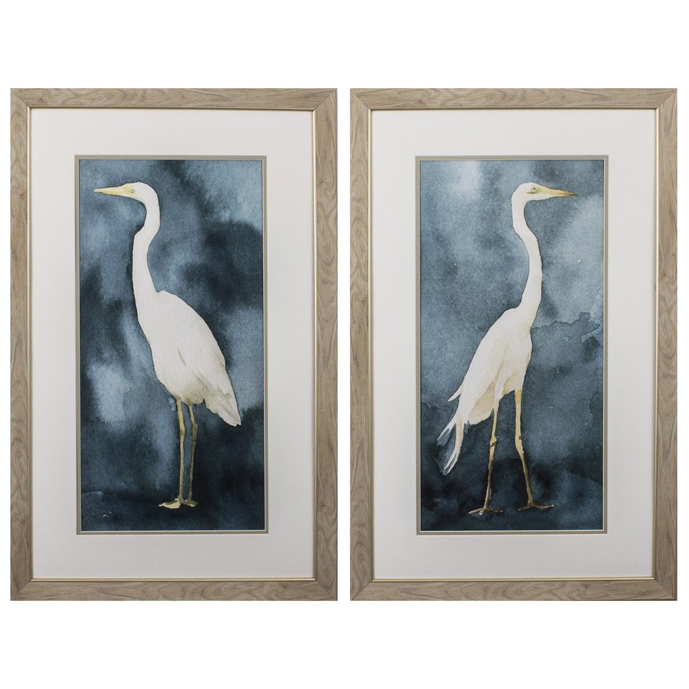 Set of Two Teal Blue Heron Framed Art  Warm Home View