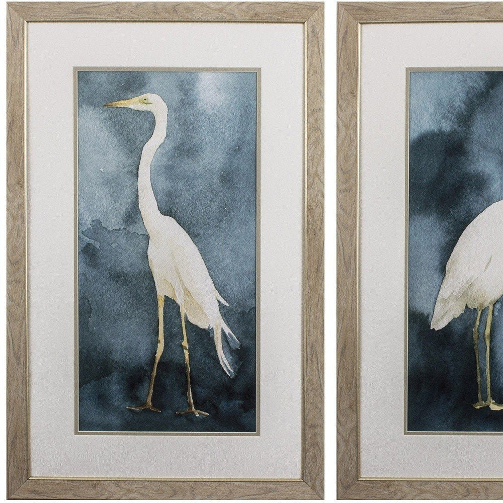 Set of Two Teal Blue Heron Framed Art  Warm Home View