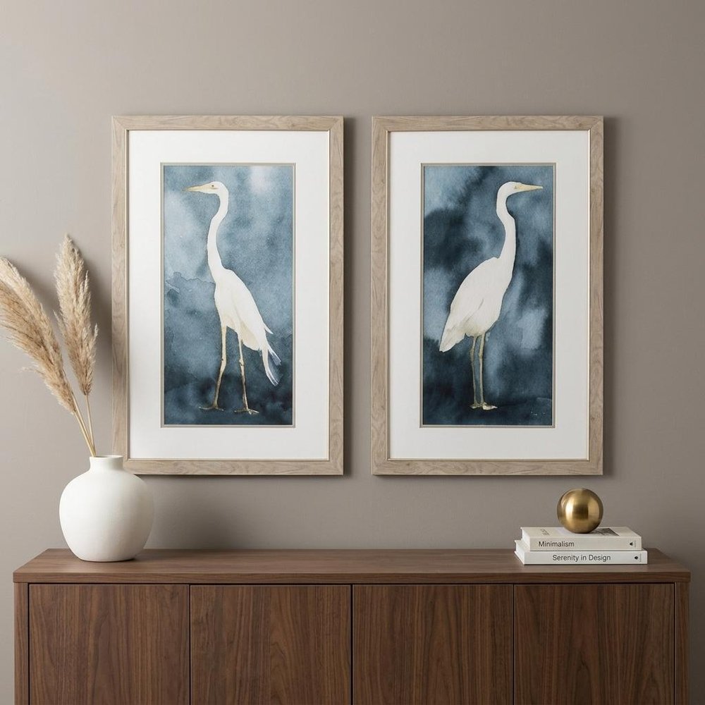 Set of Two Teal Blue Heron Framed Art  Warm Home View