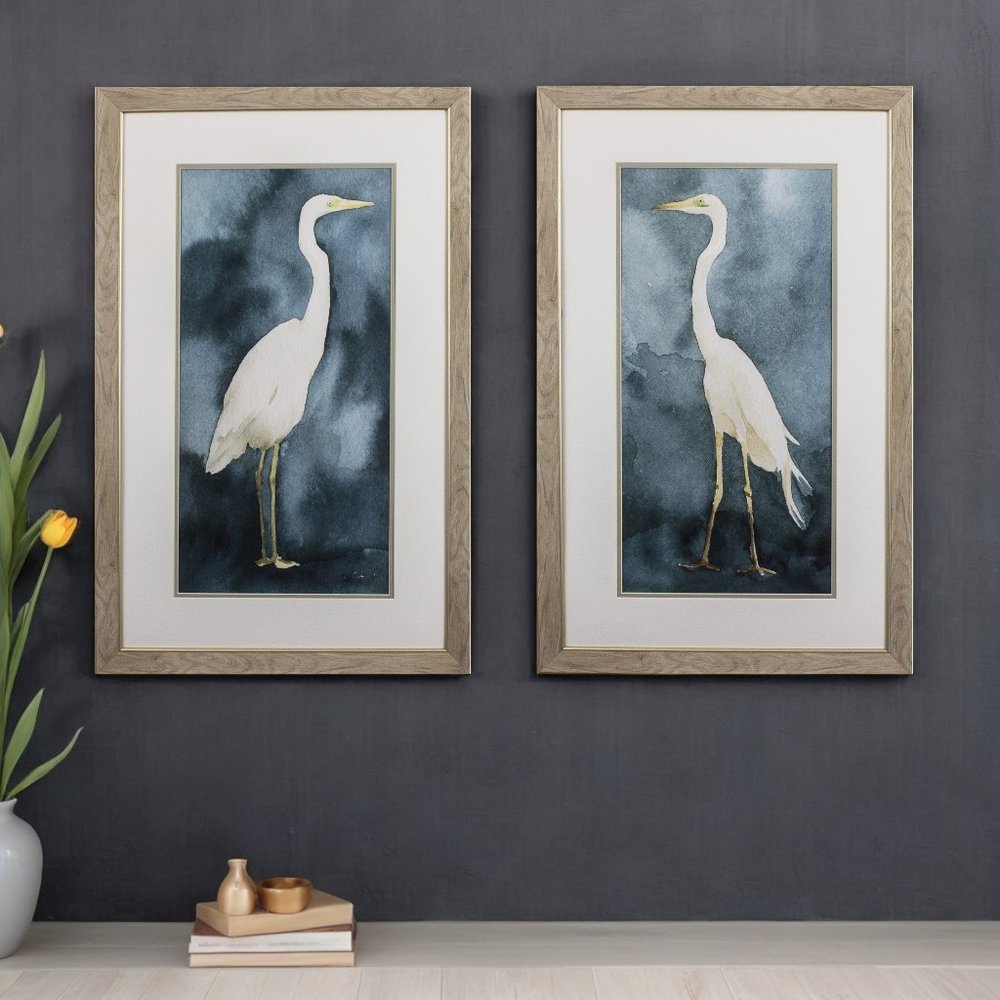 Set of Two Teal Blue Heron Framed Art  Warm Home View
