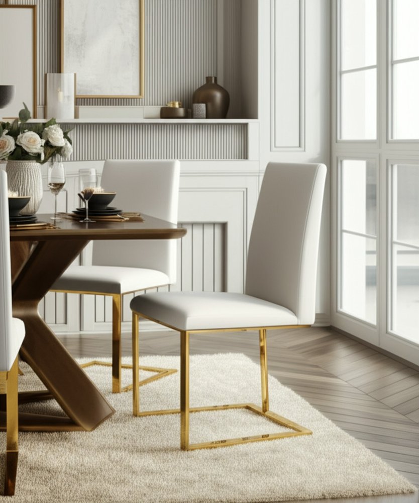 White and Gold Upholstered Faux Leather Dining Side Chair  Warm Home View