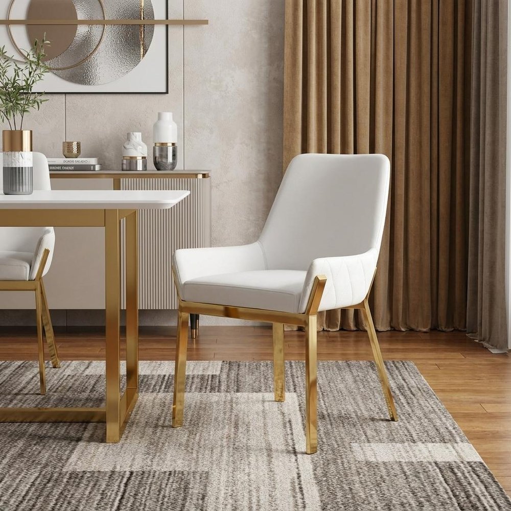 White and Gold Upholstered Faux Leather Dining Arm Chair  Warm Home View