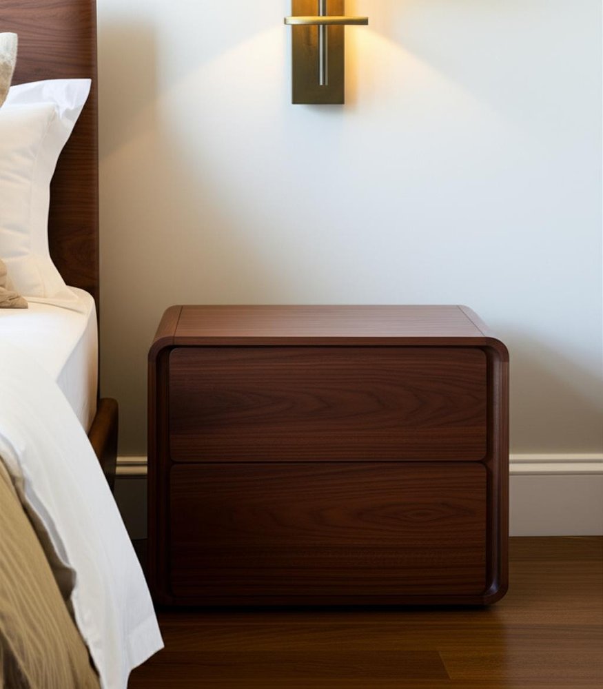 Modern Walnut Brown Nightstand with Two Drawers  Warm Home View