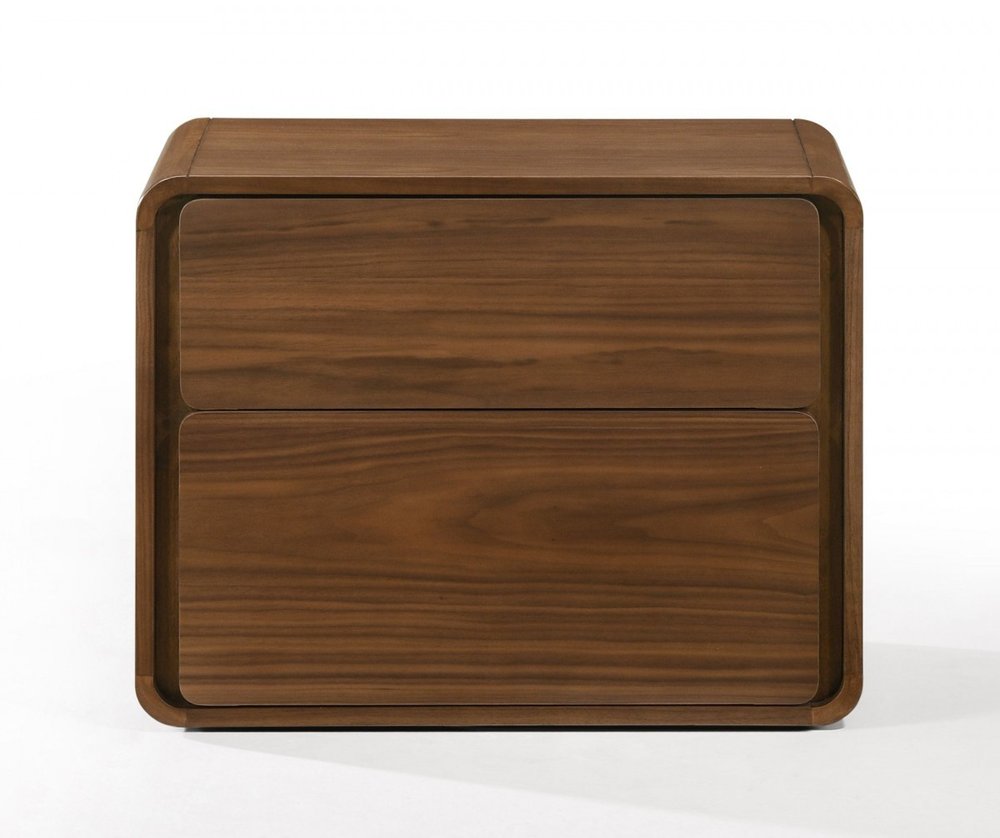 Modern Walnut Brown Nightstand with Two Drawers  Warm Home View