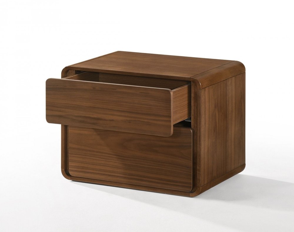 Modern Walnut Brown Nightstand with Two Drawers  Warm Home View