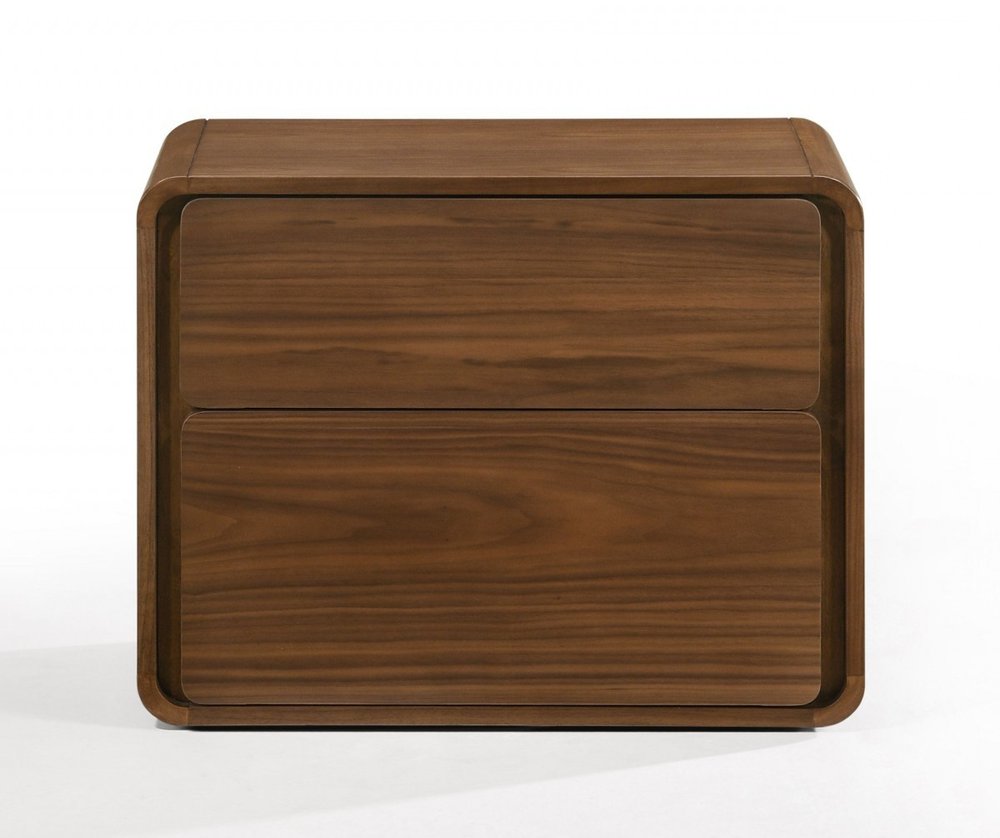 Modern Walnut Brown Nightstand with Two Drawers  Warm Home View
