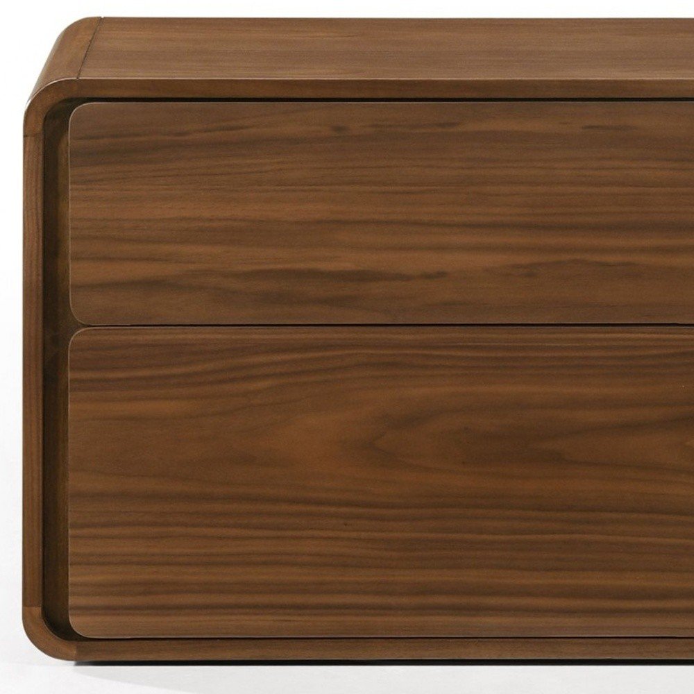 Modern Walnut Brown Nightstand with Two Drawers  Warm Home View