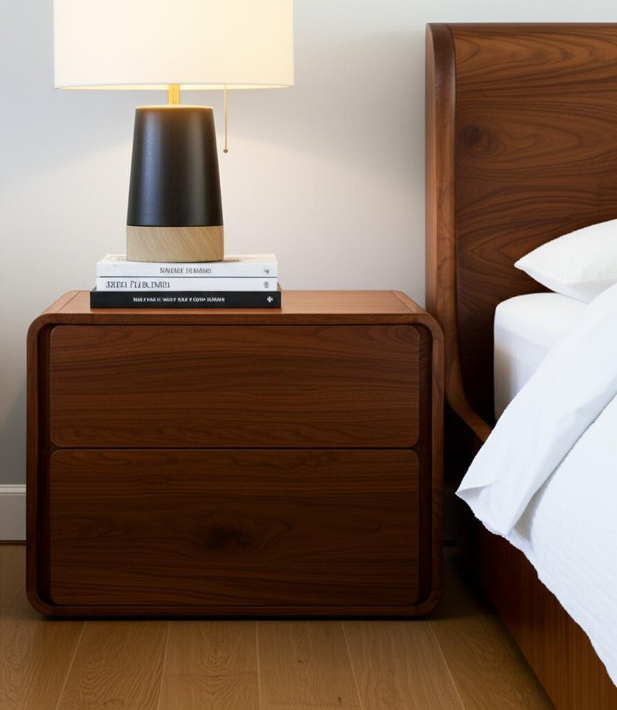 Modern Walnut Brown Nightstand with Two Drawers  Warm Home View