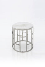 Stylish Silver And White Marble Round Geometric End or Side Table  Warm Home View