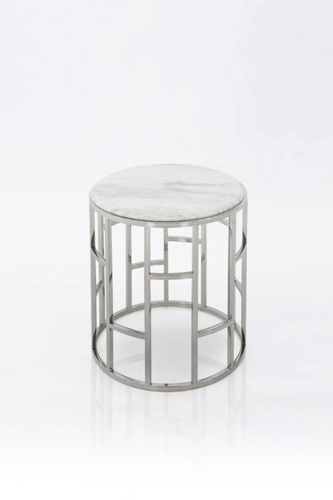 Stylish Silver And White Marble Round Geometric End or Side Table  Warm Home View