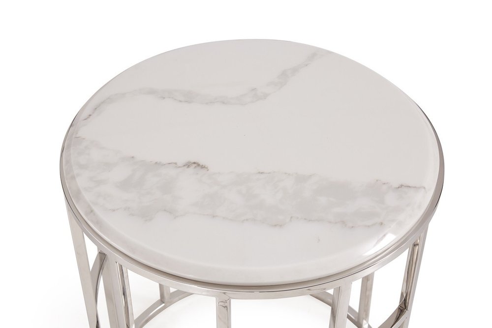 Stylish Silver And White Marble Round Geometric End or Side Table  Warm Home View