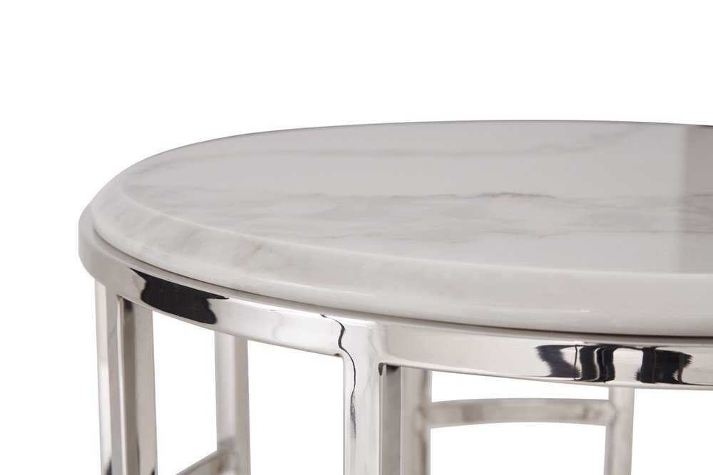 Stylish Silver And White Marble Round Geometric End or Side Table  Warm Home View