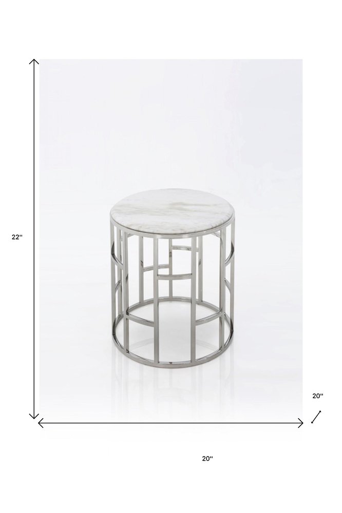 Stylish Silver And White Marble Round Geometric End or Side Table  Warm Home View