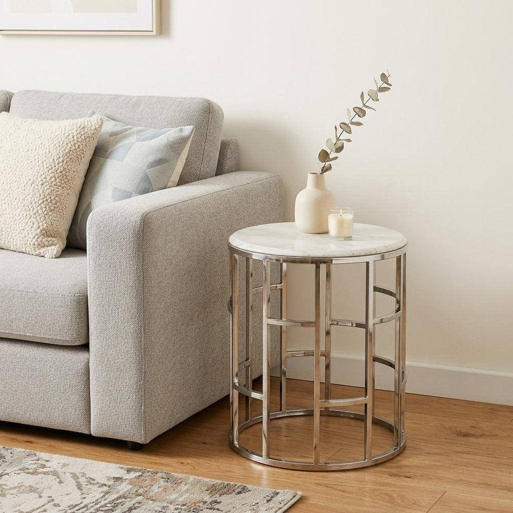 Stylish Silver And White Marble Round Geometric End or Side Table  Warm Home View
