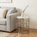 Stylish Silver And White Marble Round Geometric End or Side Table  Warm Home View