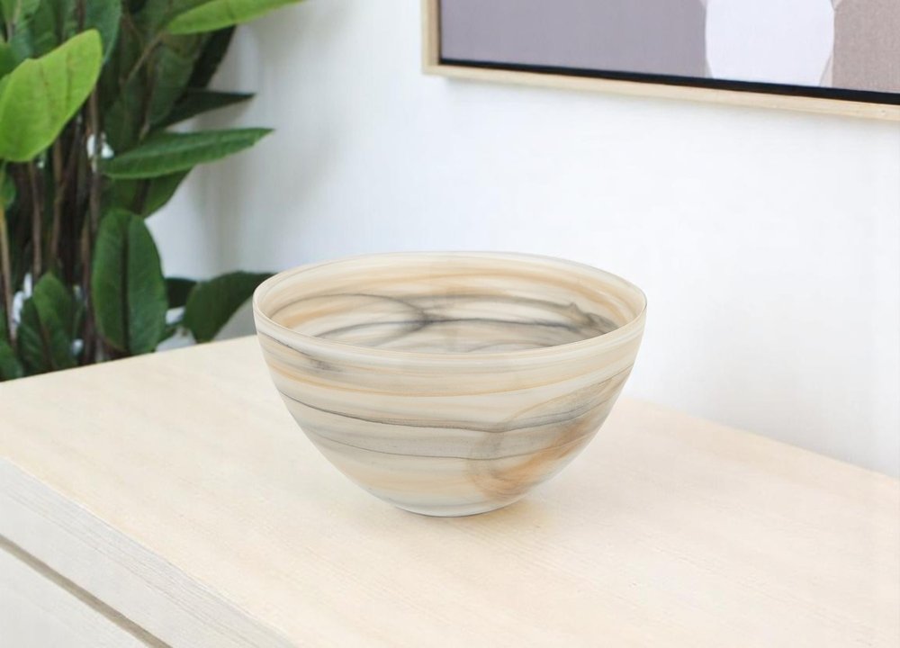 6" Taupe And White Alabaster Glass Round Candy or Nut Bowl  Warm Home View