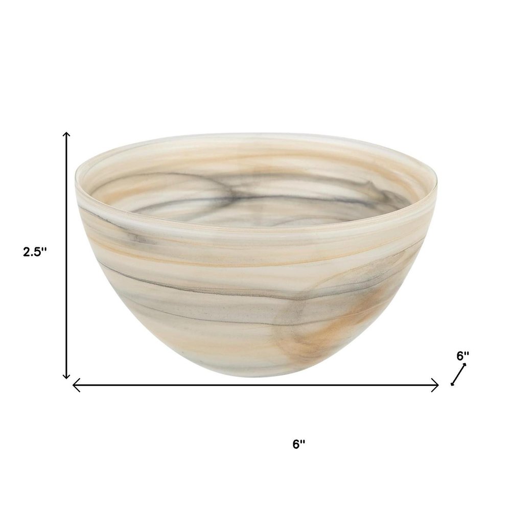 6" Taupe And White Alabaster Glass Round Candy or Nut Bowl  Warm Home View