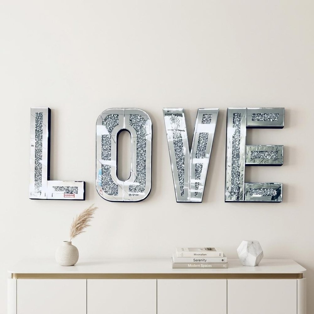 Silver Mirrored Mosaic Crystal Bling LOVE Wall Decor