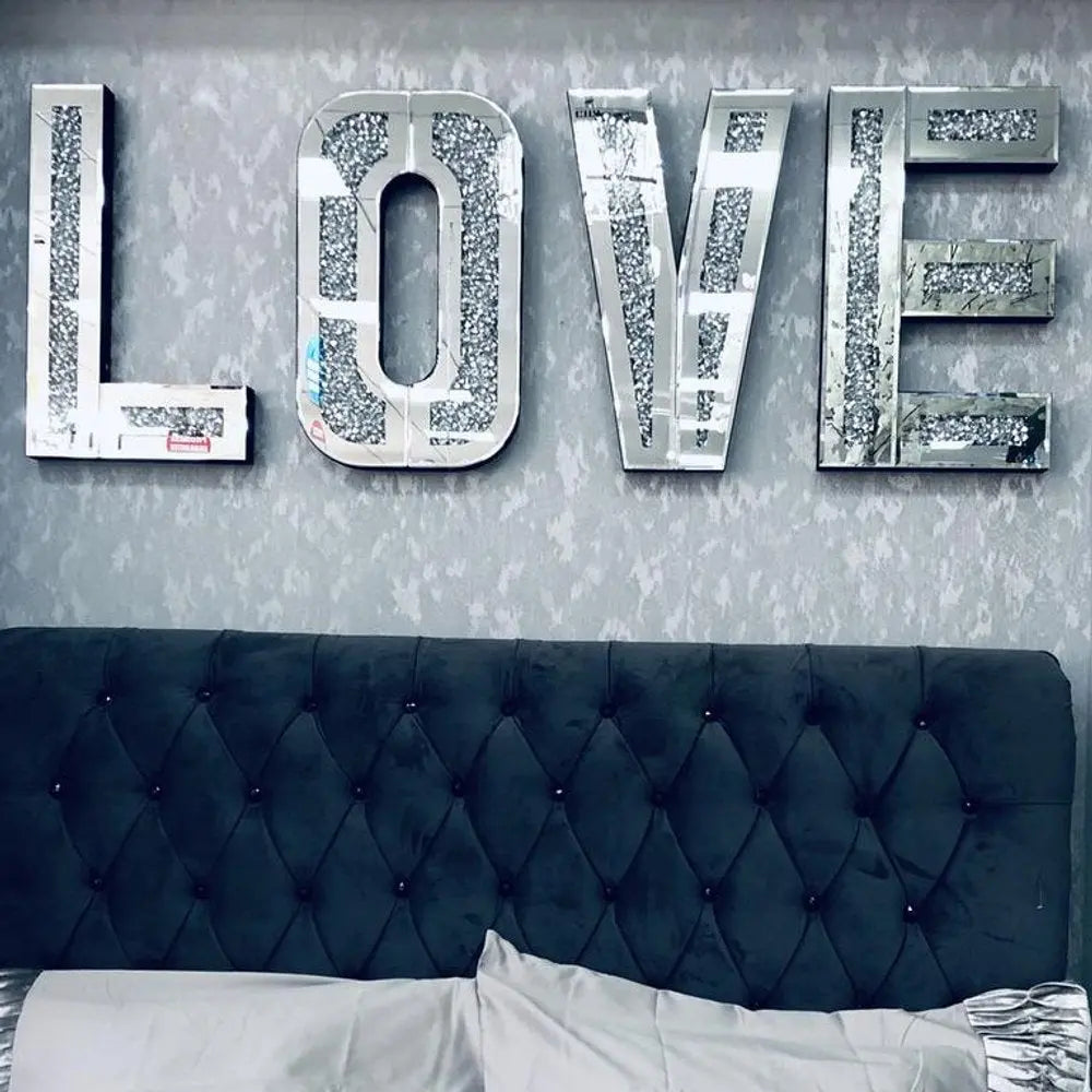 Silver Mirrored Mosaic Crystal Bling LOVE Wall Decor  Warm Home View