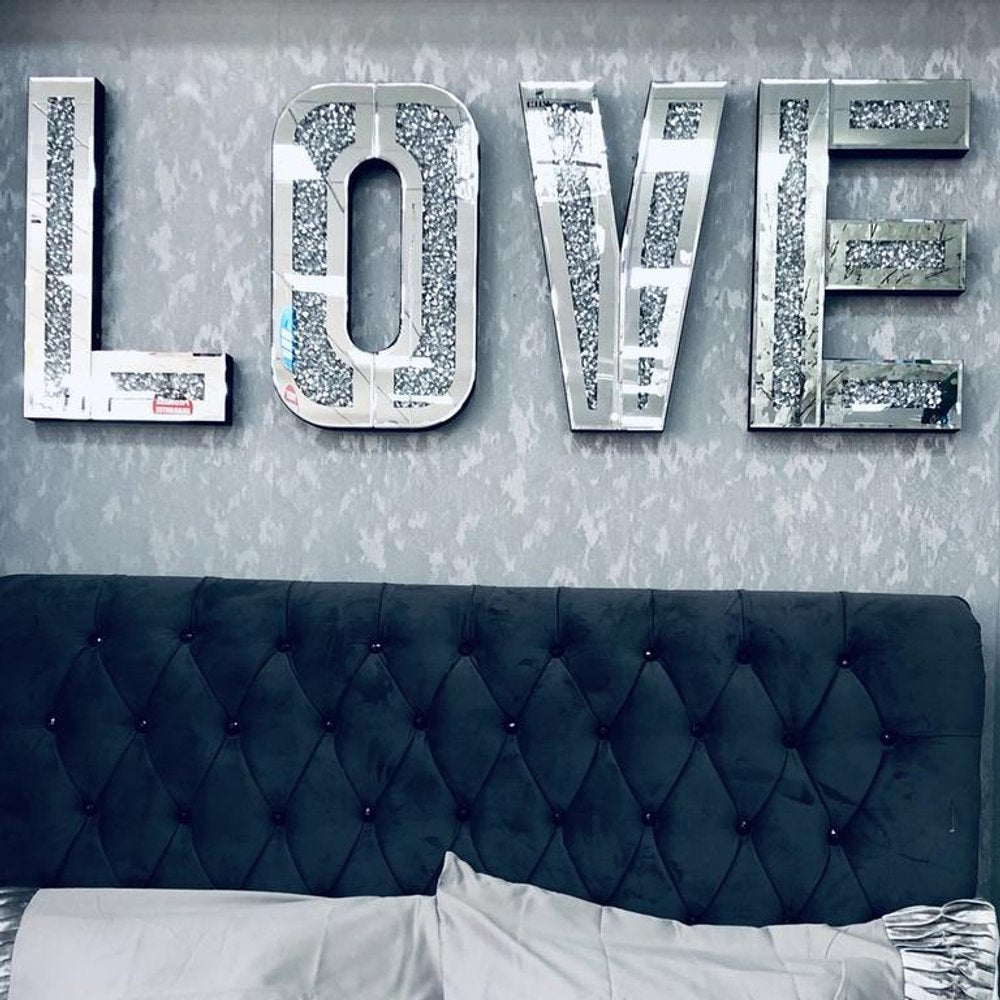 Silver Mirrored Mosaic Crystal Bling LOVE Wall Decor  Warm Home View