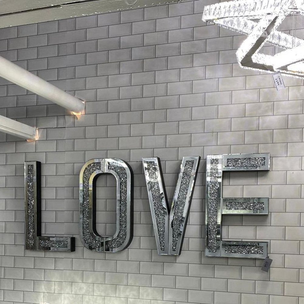 Silver Mirrored Mosaic Crystal Bling LOVE Wall Decor  Warm Home View