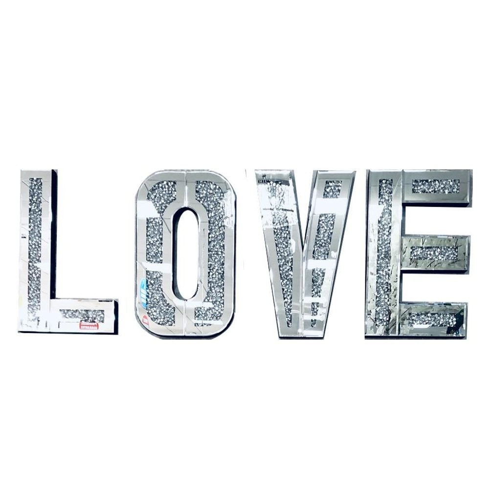 Silver Mirrored Mosaic Crystal Bling LOVE Wall Decor  Warm Home View