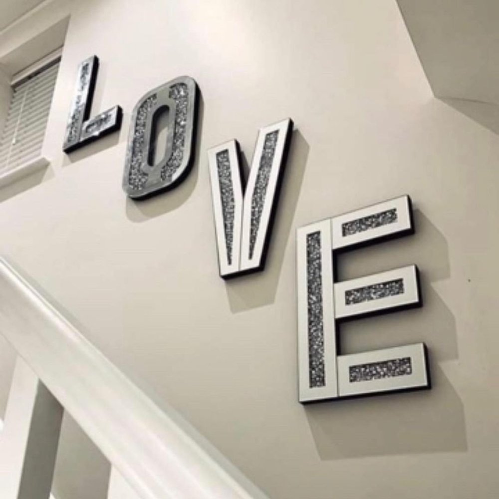Silver Mirrored Mosaic Crystal Bling LOVE Wall Decor  Warm Home View
