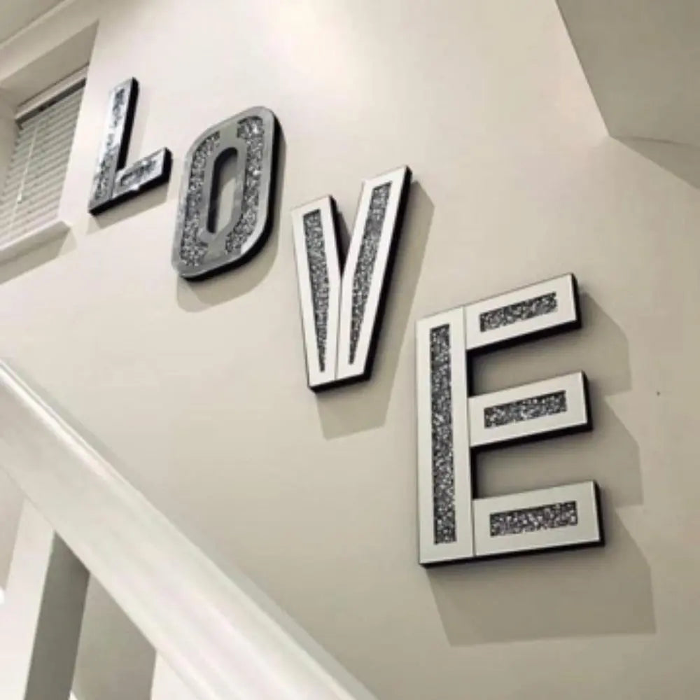 Silver Mirrored Mosaic Crystal Bling LOVE Wall Decor  Warm Home View