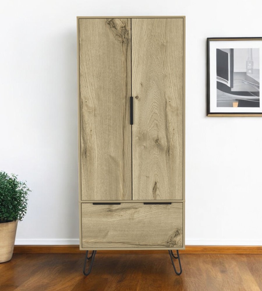 74" Oak Wood Two Door Single Drawer Combo Dresser  Warm Home View