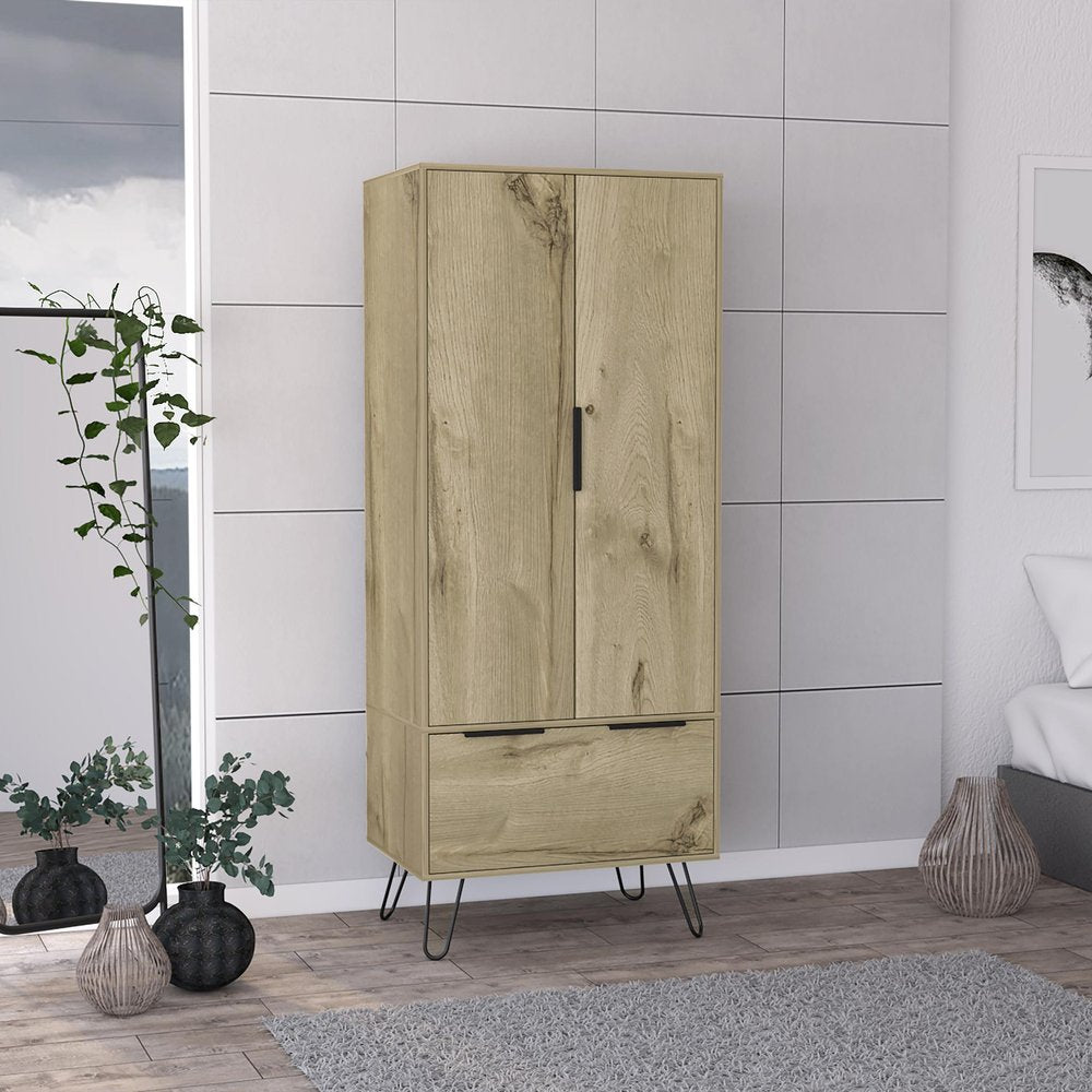 74" Oak Wood Two Door Single Drawer Combo Dresser  Warm Home View