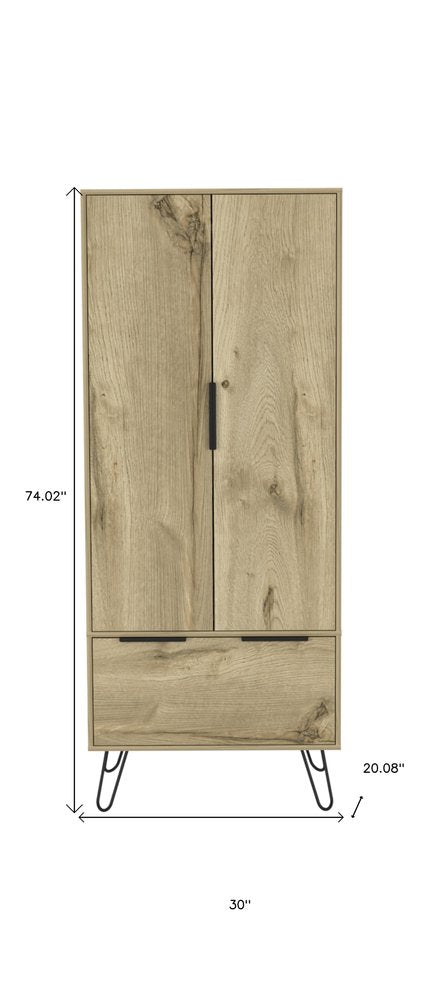 74" Oak Wood Two Door Single Drawer Combo Dresser  Warm Home View
