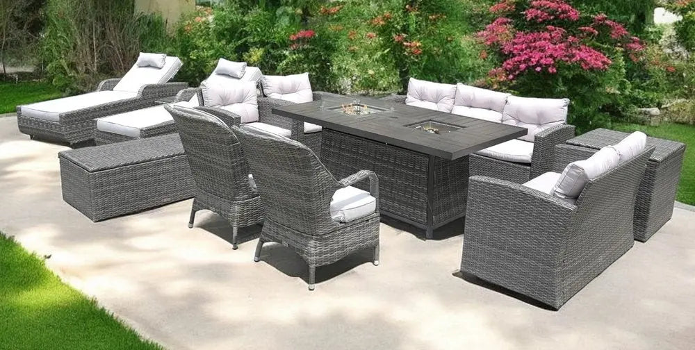 12-Piece Outdoor Gray Wicker Seating Group - Sectional Sofa, Chaises, and Fire Pit Table with White All-Weather Cushions  Warm Home View