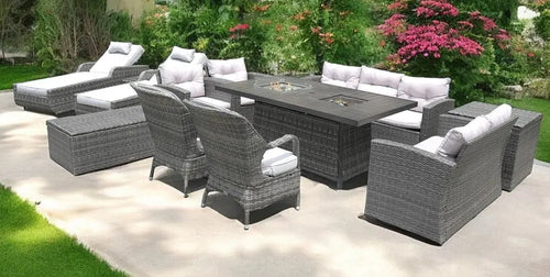 12-Piece Outdoor Gray Wicker Seating Group - Sectional Sofa, Chaises, and Fire Pit Table with White All-Weather Cushions  Warm Home View
