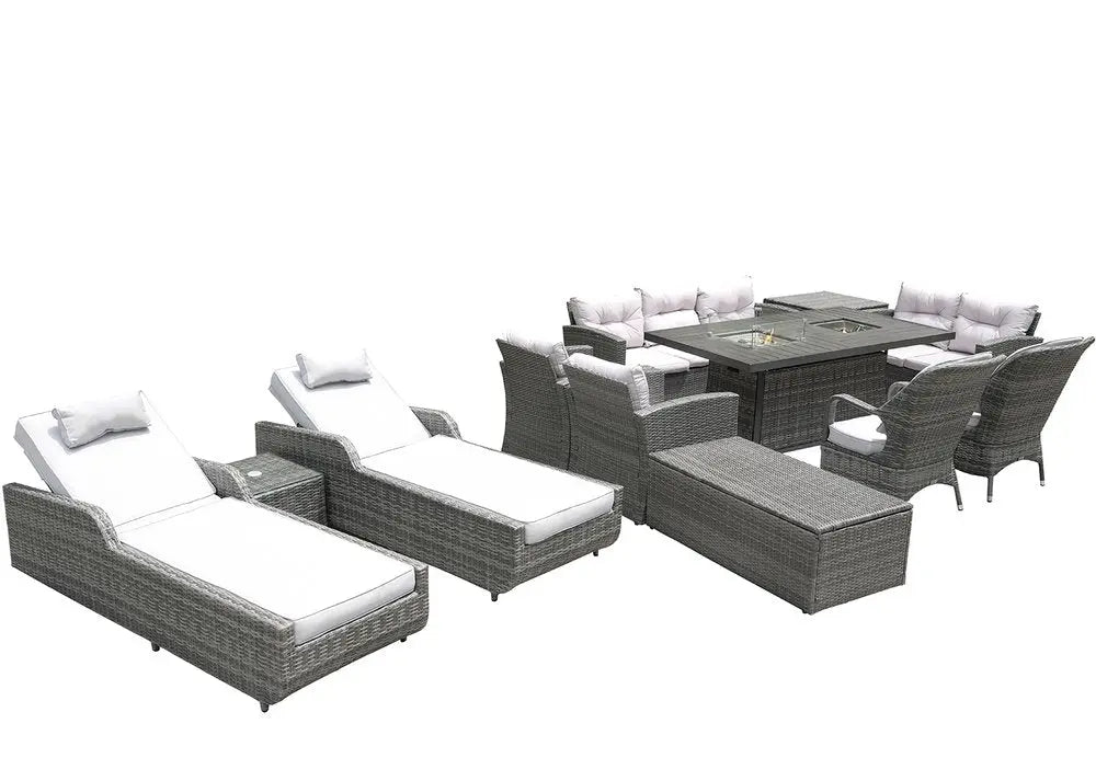 12-Piece Outdoor Gray Wicker Seating Group - Sectional Sofa, Chaises, and Fire Pit Table with White All-Weather Cushions  Warm Home View
