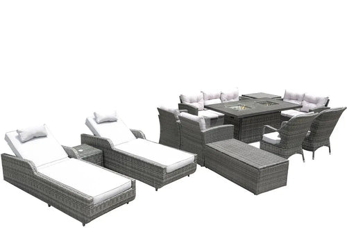 12-Piece Outdoor Gray Wicker Seating Group - Sectional Sofa, Chaises, and Fire Pit Table with White All-Weather Cushions  Warm Home View