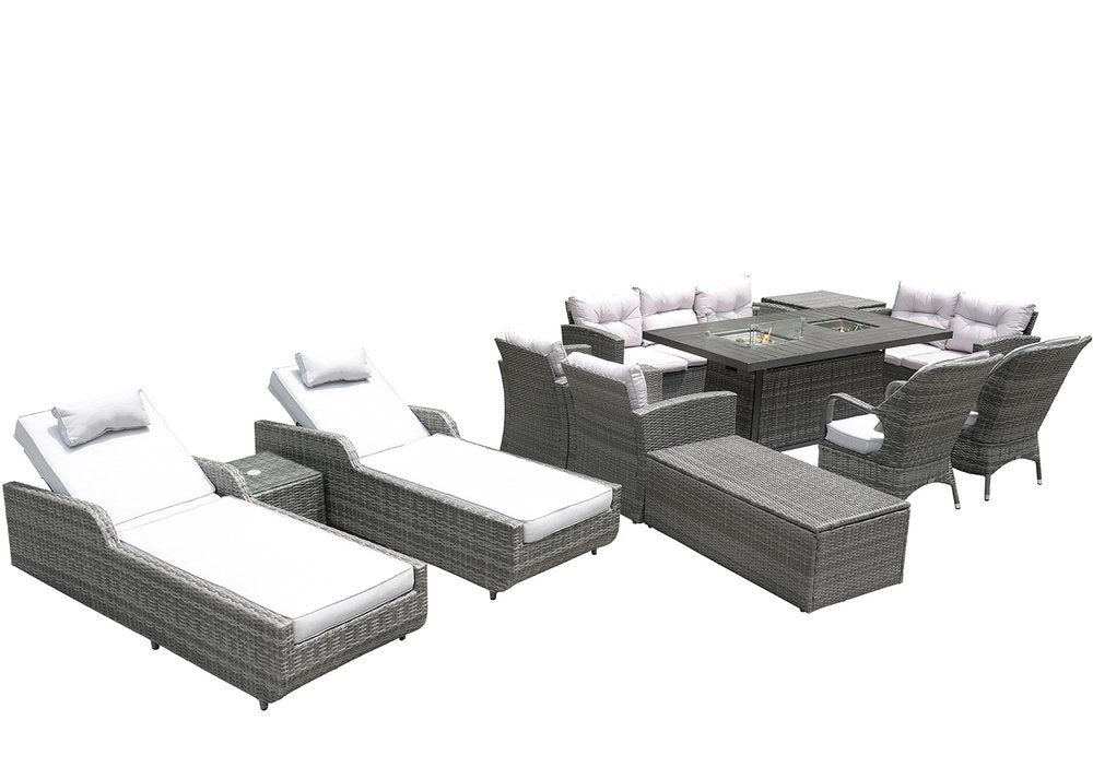 Twelve Piece Outdoor Gray Wicker Multiple Chairs Seating Group Fire Pit Included with White Cushions  Warm Home View