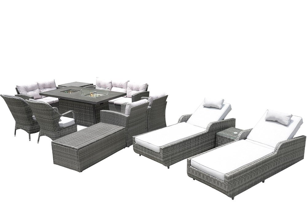 Twelve Piece Outdoor Gray Wicker Multiple Chairs Seating Group Fire Pit Included with White Cushions  Warm Home View