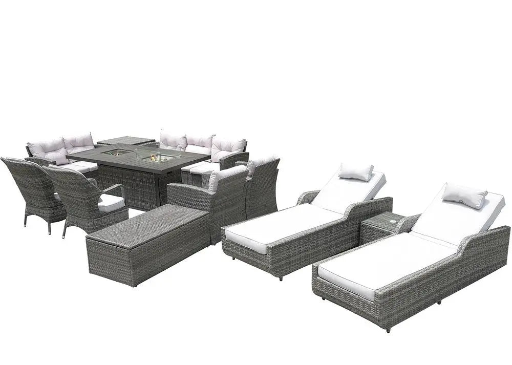 12-Piece Outdoor Gray Wicker Seating Group - Sectional Sofa, Chaises, and Fire Pit Table with White All-Weather Cushions  Warm Home View