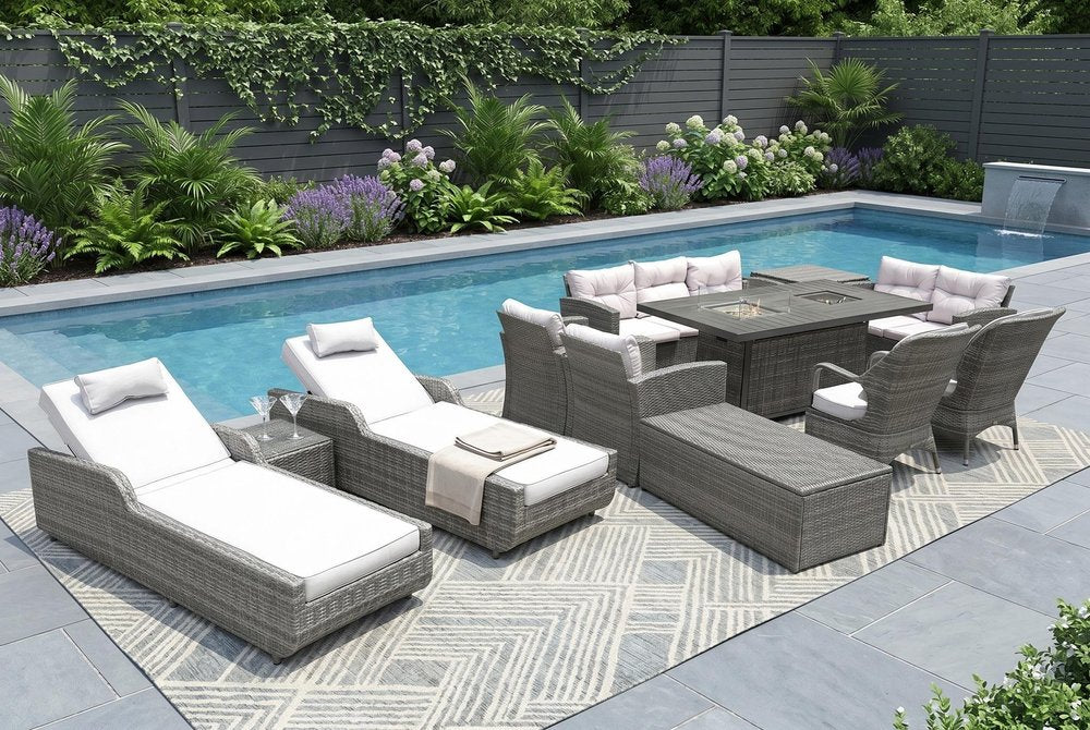 Twelve Piece Outdoor Gray Wicker Multiple Chairs Seating Group Fire Pit Included with White Cushions  Warm Home View