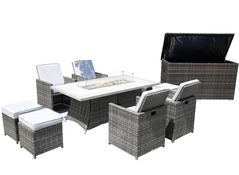 10-Piece Outdoor Gray Wicker Seating Group - Multiple Chairs with Fire Pit and White All-Weather Cushions  Warm Home View