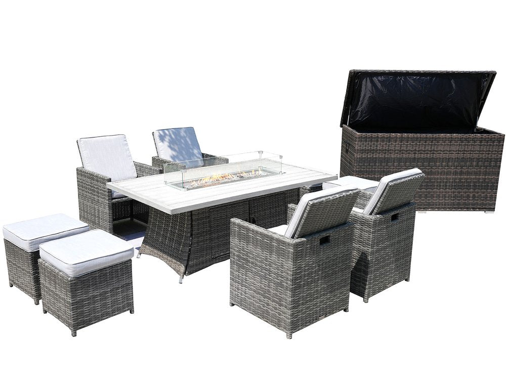 Ten Piece Outdoor Gray Wicker Multiple Chairs Seating Group Fire Pit Included with White Cushions  Warm Home View