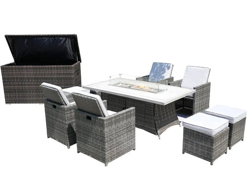 10-Piece Outdoor Gray Wicker Seating Group - Multiple Chairs with Fire Pit and White All-Weather Cushions  Warm Home View