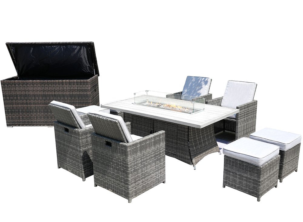 Ten Piece Outdoor Gray Wicker Multiple Chairs Seating Group Fire Pit Included with White Cushions  Warm Home View
