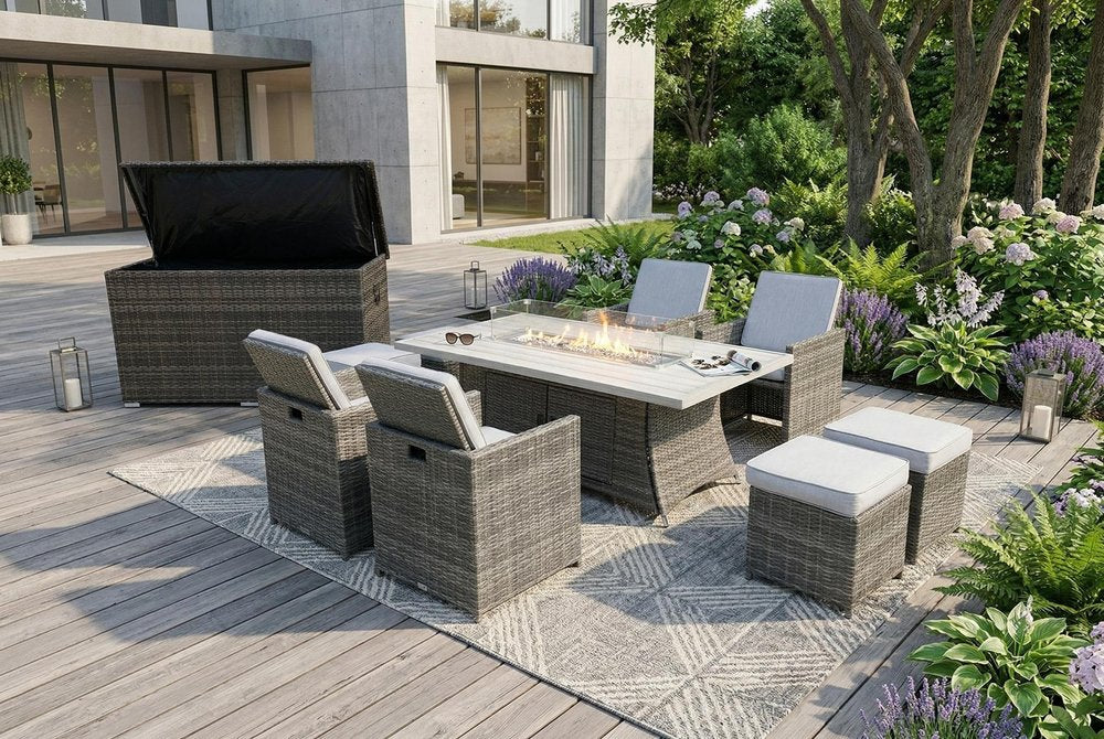 Ten Piece Outdoor Gray Wicker Multiple Chairs Seating Group Fire Pit Included with White Cushions  Warm Home View