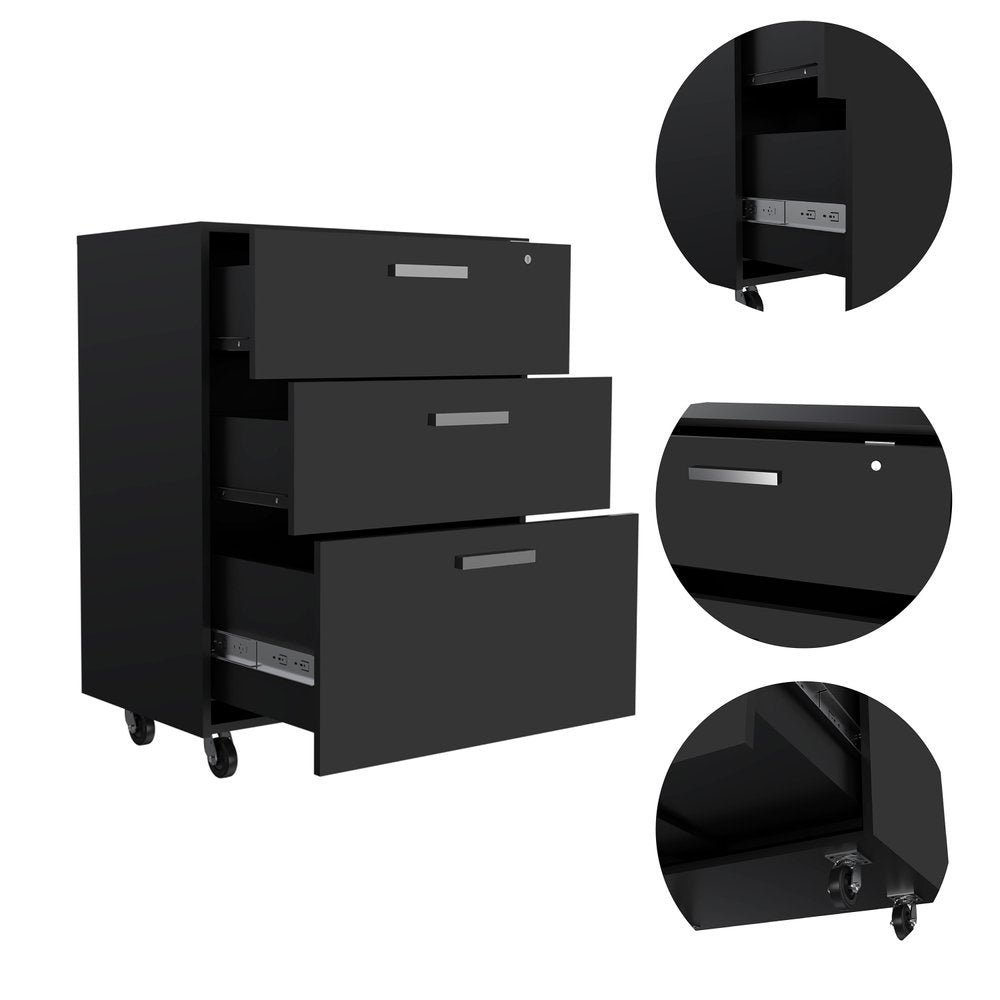 35" Black Wood Three Drawers Filing Cabinet  Warm Home View