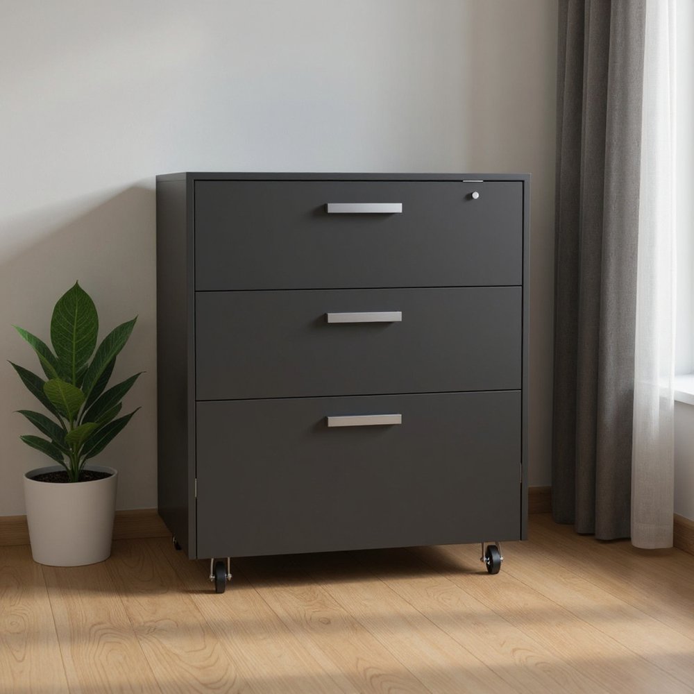 35" Black Wood Three Drawers Filing Cabinet  Warm Home View