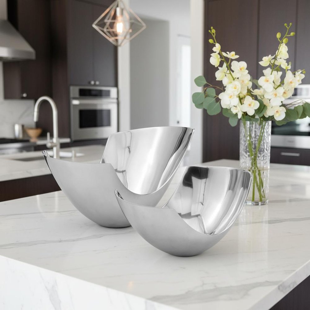 Set of Two Mod Aluminum Scoop Centerpiece Bowls  Warm Home View