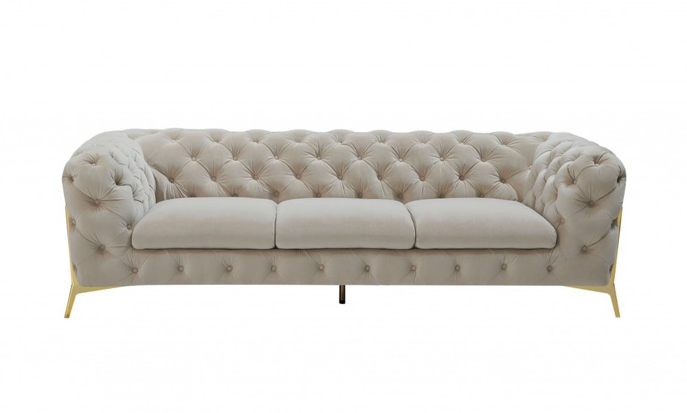 97" Beige Velvet Sofa With Gold Legs  Warm Home View